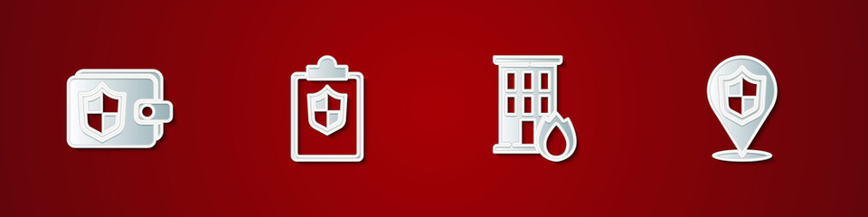 Set Wallet with shield, Document, Fire in burning house and Location icon. Vector.