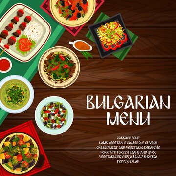 Bulgarian cuisine vector cabbage soup, pork stewed with prunes, pepper salad. Vegetable bryndza salad shopska, ljutenica, olive oil and grilled meat and lamb casserole guvech food of Bulgaria poster