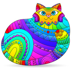 A stained glass style illustration with a cute cartoon rainbow cat, the animal is isolated on a white background