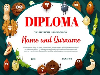 Education school diploma with cartoon nuts and seeds characters. Vector kindergarten certificate with walnut, coconut and pistachio, beans or sunflower seeds. Kids diploma, award frame template