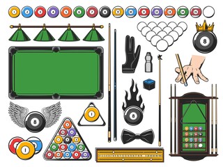 Pool snooker and billiards game equipment icons and player items, vector. Billiards poolroom or snooker pool rack for cues and balls and triangle, scoreboard and chalk, glove and 8 ball on green table