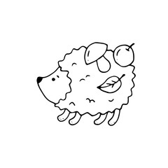 The hedgehog carries supplies for the winter on its prickly back: a mushroom, an apple, a leaf of a tree. Vector hand-drawn doodle illustration. Black and white outline. Silhouette. Coloring.