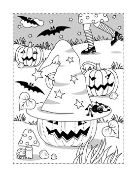 Halloween coloring page with little witch hat
