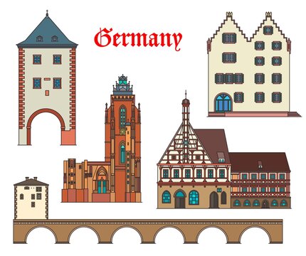 Germany landmarks architecture and German city houses buildings, vector. Germany landmarks of Forchheim rathaus, Oppenheim Gautor monument, Limburg old bridge and Wetzlar cathedral in Bavaria, Hessen