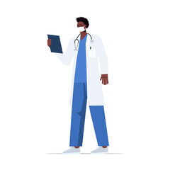 male doctor in uniform wearing mask to prevent coronavirus pandemic labor day celebration concept full length isolated vector illustration