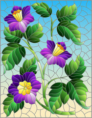 Illustration in stained glass style with purple flowers on a blue sky background, rectangular image