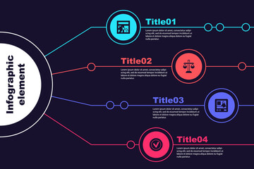 Set Broken window, Scales of justice, Television report and Check mark round. Business infographic template. Vector.