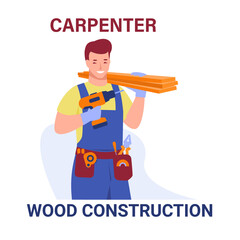 Workinga carpenter builder with drill and boards . Vector illustration in flat cartoon style. Isolated on a white background.