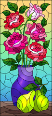 Illustration in stained glass style with floral still life, vase with a bouquet of pink roses and pears on a blue background