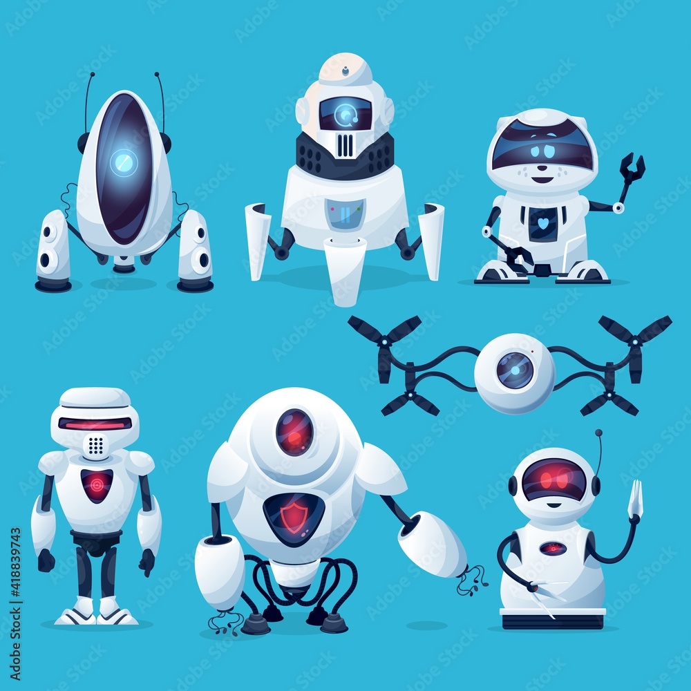 Poster cartoon robots, vector cyborg characters, toys, pets or bots, artificial intelligence technology. fr