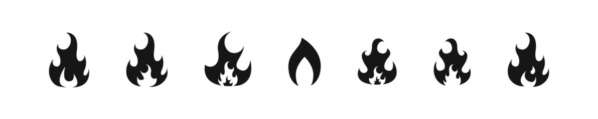 Fototapeta premium Fire burn, flame blazing flat black icon collection, bonfire flames vector illustration set.