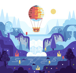 Vector cartoon square illustration in flat cartoon stile. Hot air balloon flies over a waterfall, forest and lake. Blue and violet colors