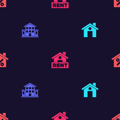 Set House, , Hanging sign with Rent and percant discount on seamless pattern. Vector.