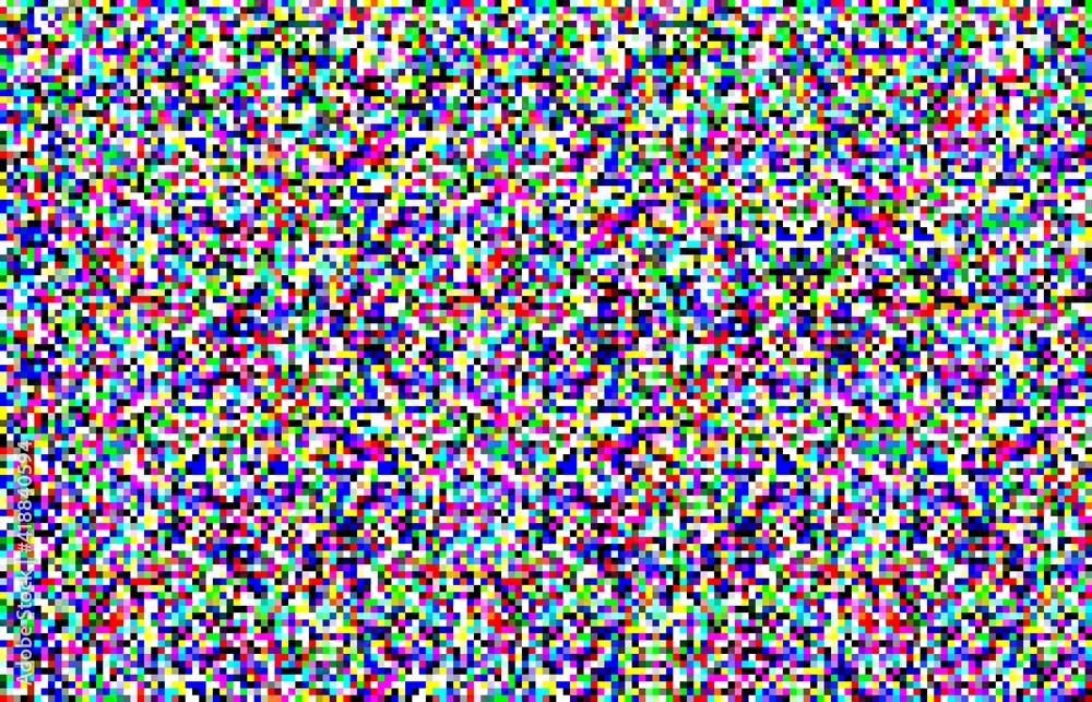 Leinwandbilder Television signal loss glitch with color digital pixels noise background. Broken TV effect, data transfer error and video file fail problem vector. Signal transfer problem effect on monitor screen