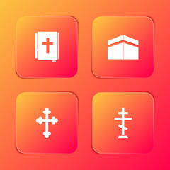 Set Holy bible book, Kaaba mosque, Christian cross and icon. Vector.