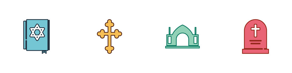 Fototapeta premium Set Jewish torah book, Christian cross, Hindu spiritual temple and Tombstone with icon. Vector.