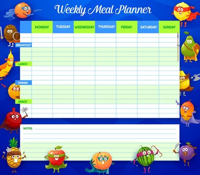 Weekly meal planner, vector timetable with cartoon superhero fruits characters. Week food plan organizer, calendar menu with space for notes. Diary template for personal dieting with funny fruits
