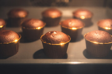 chocolate muffins in the oven, homemade cupcakes