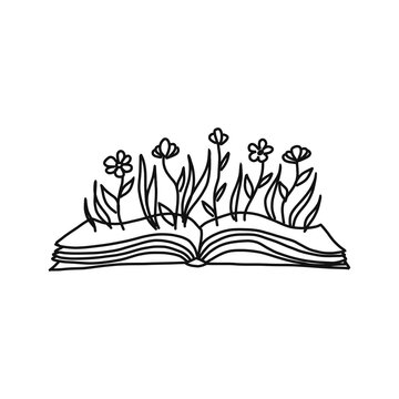 World book day card. Open book with flowers sprigs. Conceptual illustration of write your own future. Vector concept for bookstore, literature club or library. Sketch illustration