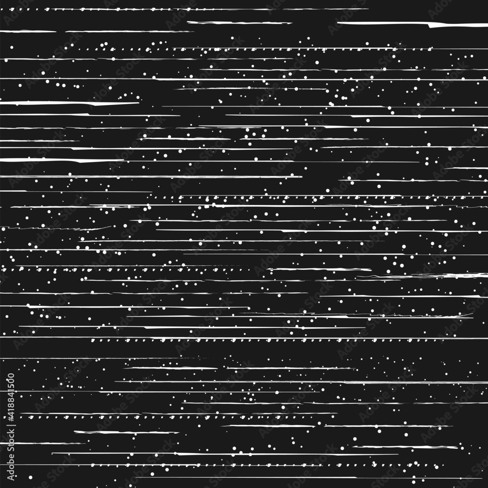 Aufkleber Corrupted play screen with glitch effect. Vector camera film vhs or video home system black background with random noise and horizontal distorted lines. Digital camera screen with distortion signal