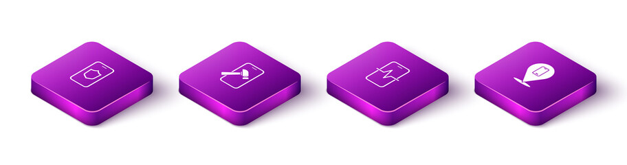 Set Isometric Mobile with shield, broken screen, Phone repair service and icon. Vector.