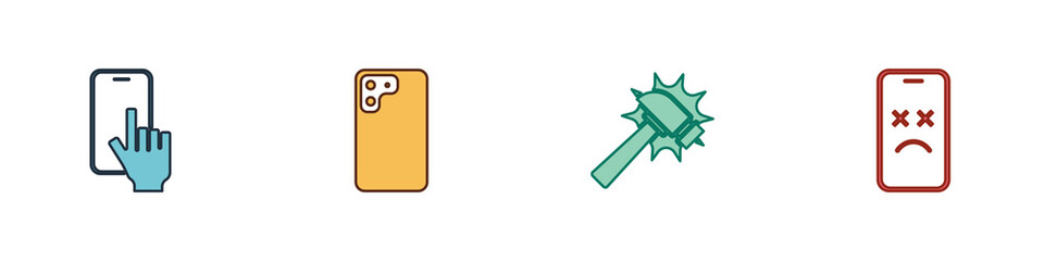 Set Phone repair service, Smartphone, Hammer and Dead mobile icon. Vector.