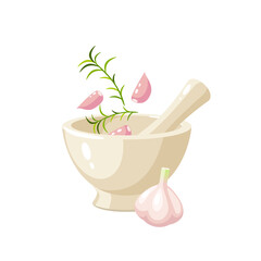 Pounding garlic and rosemary in porcelain mortar. Vector illustration cartoon flat icon isolated on white background.
