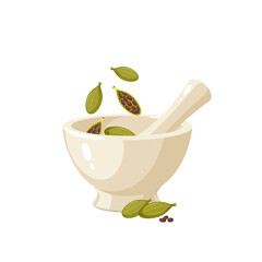 Pounding cardamom in porcelain mortar. Vector illustration cartoon flat icon isolated on white background.