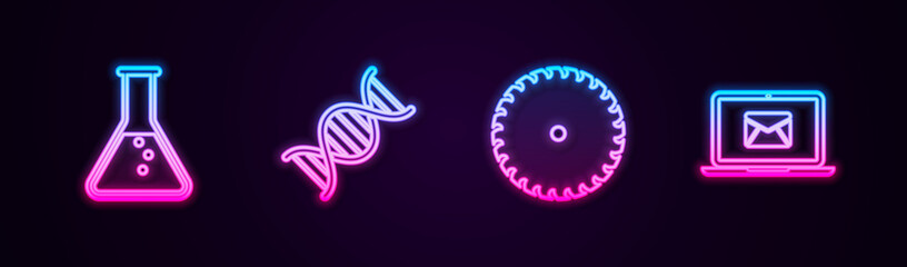 Set line Test tube and flask, DNA symbol, Circular saw blade and Laptop with envelope. Glowing neon icon. Vector.