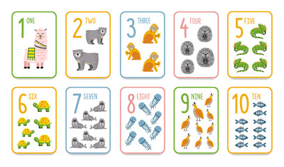 Printable numbers flashcards with animals for preschool learning. English math for kids from 1 to 10. Cartoon style vector count flash cards.