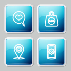 Set line Heart in speech bubble, Weight pounds, Map pointer with heart and Setting on smartphone icon. Vector.