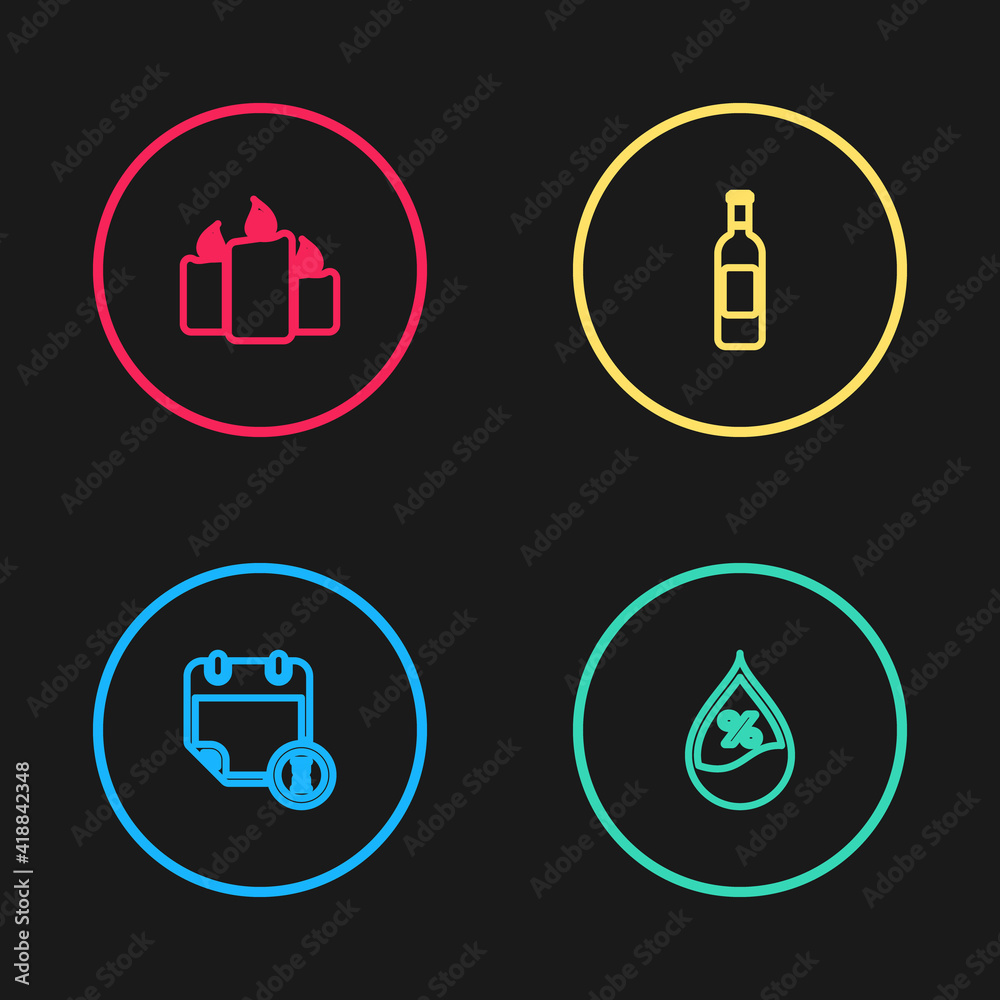 Wall mural Set line Calendar and clock, Water drop percentage, Bottle of wine and Burning candles icon. Vector.