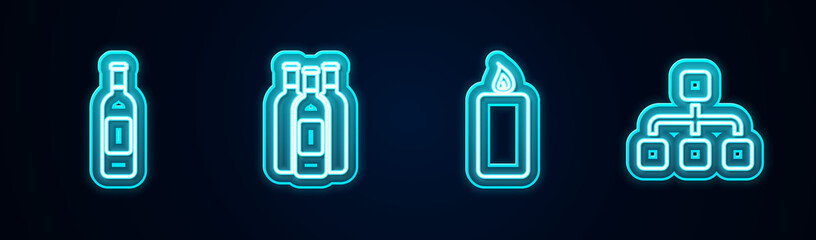 Set line Bottle of wine, Bottles, Burning candle and Hierarchy organogram chart. Glowing neon icon. Vector.