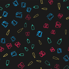 Set line FTP settings folder, Burning candle, Bottle of wine and sync refresh on seamless pattern. Vector.