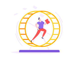 Rat race business concept with businessman running in hamster wheel working hard and always busy flat style design vector illustration. Tired workaholic in the loop routine trying to improve career.