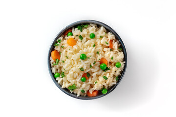 White rice with vegetables, overhead shot on a white background