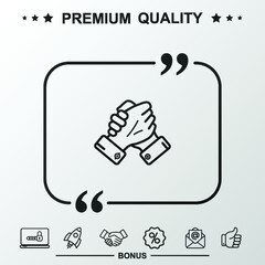Spirit brother handshake, thumb buckle handshake or homie handshake line art vector icon for apps and websites. With quote symbol