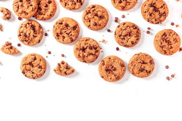 Chocolate chip cookies, overhead flat lay shot with copy space on a white background