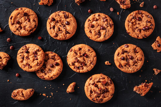 Chocolate Chip Cookies, Overhead Flat Lay Shot On A Black Background