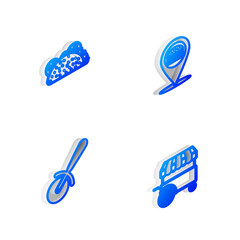 Set Isometric line Location with burger, Taco tortilla, Pizza knife and Fast street food cart icon. Vector.