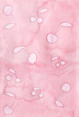 Delicate pink background with cherries. Watercolor illustration is suitable for kitchen design, wrapping paper, scotch tape, fabric, textiles, packaging, website, scrapbooking.