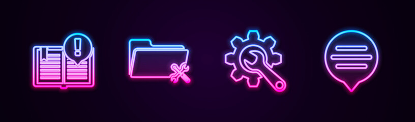 Set line Interesting facts, Folder service, Wrench and gear and Speech bubble chat. Glowing neon icon. Vector.