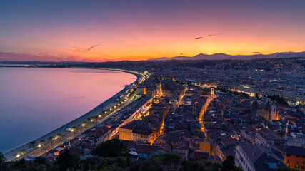 Evening aerial view of Nice from viewpoint on Castle Hill at sunset