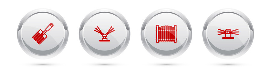 Set line Garden fork, Automatic irrigation sprinklers, fence and . Silver circle button. Vector.