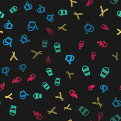 Set line Watering can, Bucket, Gardening handmade scissor and Flowers pot on seamless pattern. Vector.