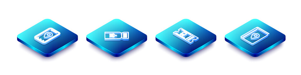 Set Isometric line Infographic of city map, Airline ticket, Bus and Cover book travel guide icon. Vector.