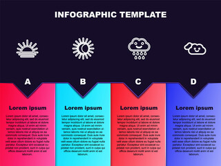 Set line Sunset, Eclipse of the sun, Cloud with rain and . Business infographic template. Vector.