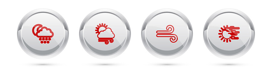 Set line Cloud with snow and moon, Windy weather, and Fog sun. Silver circle button. Vector.