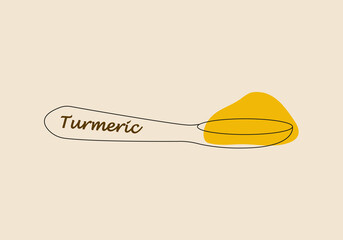Spice turmeric. Yellow spice in a spoon. The spoon lies horizontally. Vector illustration for packaging design or recipes. Cooking food.  