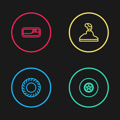 Set line Car tire, brake disk, Gear shifter and door handle icon. Vector.